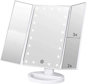 Tri-fold Lighted Vanity Makeup Mirror with 3x/2x Magnification,21 LEDs Light and - Picture 1 of 12