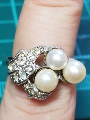 Vtg 1970's Avon Ring Evening Splendor Sz 6 Faux Pearls Rhinestones Silver Tone Foto 1 de 4