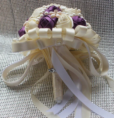 Handmade Luxury Rose Silk Pearls Rhinestone Brooch Wedding Bridal Bouquet Ivory - Image 1 of 4
