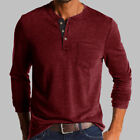 Mens Casual Long Sleeve T-Shirt Grandad V Neck Button Solid Shirt Top Pullover