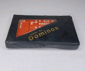 Vintage Double Six Domino Set Of 28 Dominoes Red W/ White Dot And Vinyl Case - Picture 1 of 9