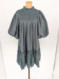 Love The Label Women's Smocked High Neck Dress Eyelets Size Medium Cotton - Picture 1 of 16