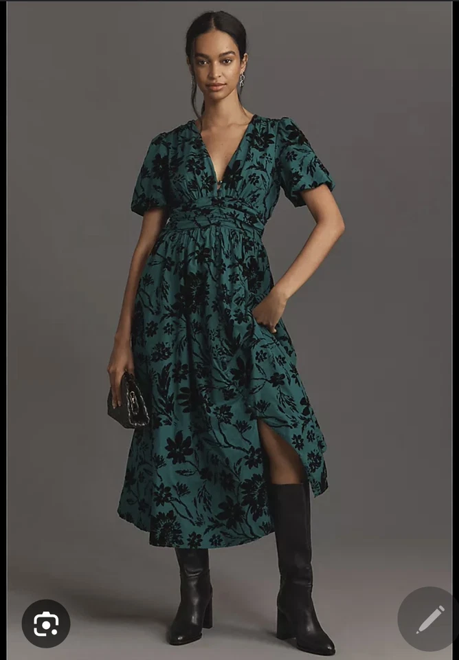 Maxi Vestido Anthropologie Verde Katarina Forrado Flores Flocadas, Talla L, $90 Foto 1 de 4