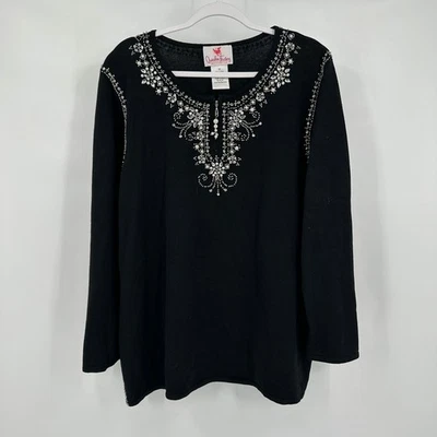 Quacker Factory Womens Luxe Beaded Top Size 1X Black Embellished Evening Glam - Image 1 of 4