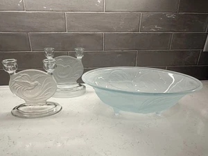 Birds of Paradise Art Deco Glass Set Jobling Bowl & McKee Candlesticks 3pc - Picture 1 of 18