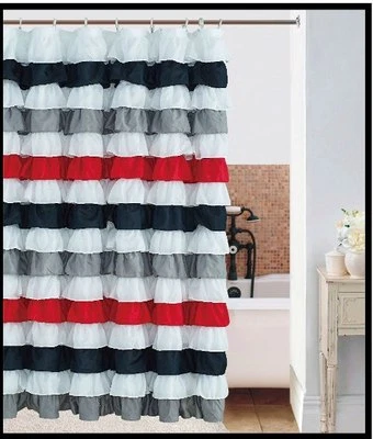 waterfall multi-color Printed Striped  BLACK / RED  Ruffled Shower Curtain - Image 1 of 2