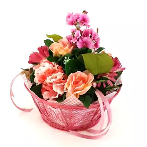 Gesteck im Metallkorb Primel Rosen Gerbera Rosa Kunstblumen Frühling - Bild 1 von 14