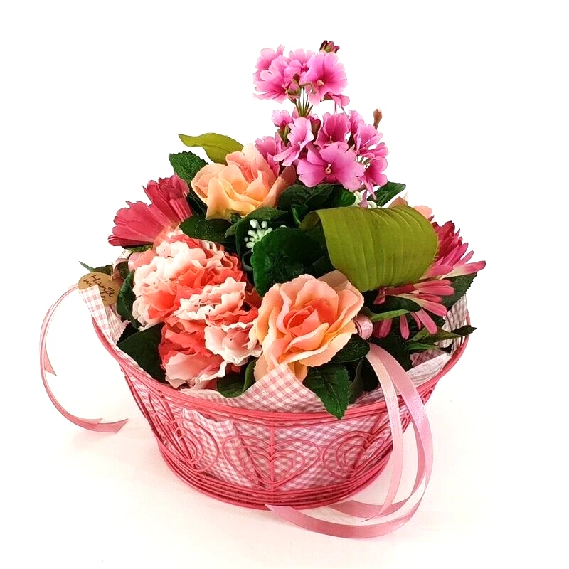 Gesteck im Metallkorb Primel Rosen Gerbera Rosa Kunstblumen Frühling - Bild 1 von 4