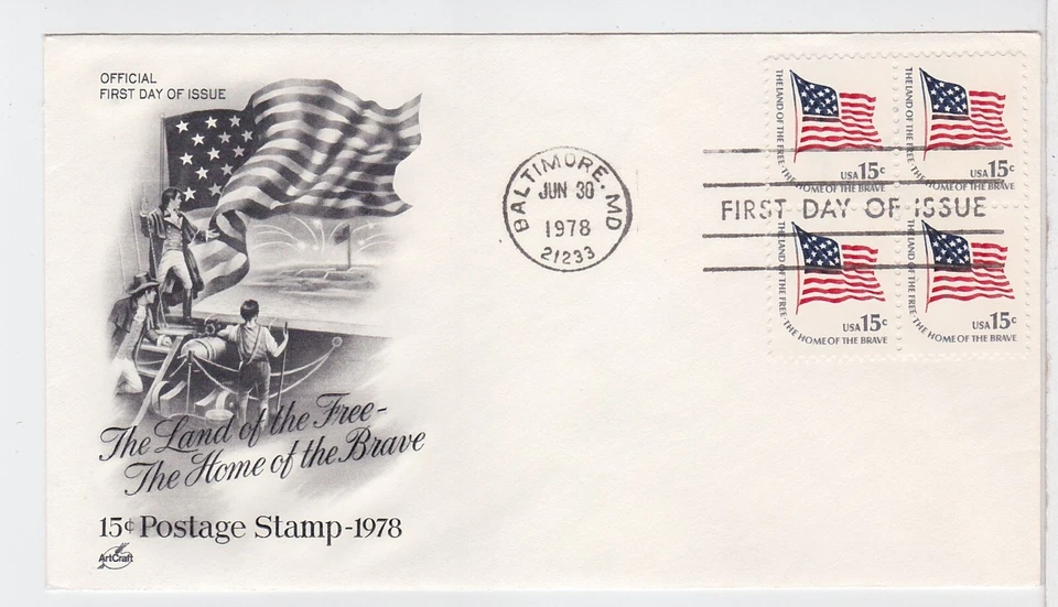 TurtlesTradingPost- American Flag  1978 #1598 FDC- Artcraft Cachet- Block of 4 - Image 1 of 1
