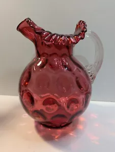 Großer antiker Cranberry Glas Krug Münze Punkt umgekehrter Daumenabdruck gekräuselter Rand - Bild 1 von 6
