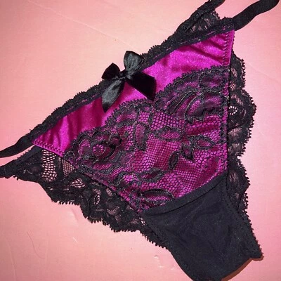 Victoria's Secret M Panty Satin Magenta Pink Black lace Gold VERY SEXY SEDUCTION - Image 1 of 3