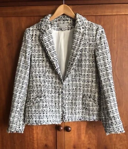 H&M Women’s Blazer Jacket Size 38 EU (12 UK) Black/White Blue Flecks Frayed Edge - Picture 1 of 19