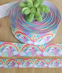 7/8 & 1.5" (1 YD) Unicorn Grosgrain Ribbon Horse Pony O's Hair Bow Rainbow Party - Picture 1 of 1