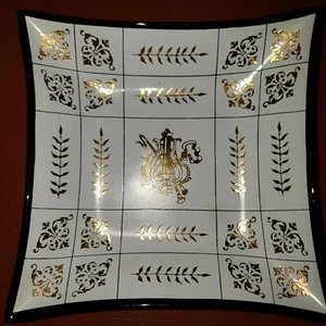 MCM Gebogenes Glas Schmuck Schale Tablett Set Schwarz Glas Weiß & Gold 5,5" Quadratisch Set 2 - Bild 1 von 6
