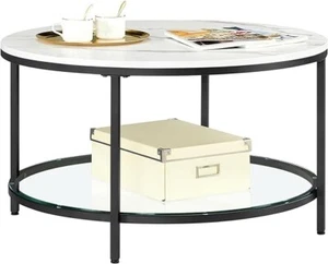 Coffee Table, Living Room Table, Sofa Cocktail Table Faux Marble Round Glass - Picture 1 of 5