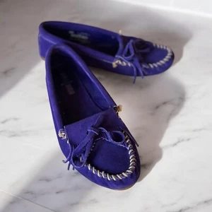MINNETONKA Purple Kilty Suede Fringe Moccasins Sz 7 Rubber Soled - Picture 1 of 11