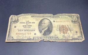 1929 $10 National Bank New York Very Circ Cull Ugly Damaged Low Serial #00865970 - Picture 1 of 9