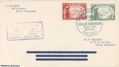 Filipinas 1943 Ocupación Japonesa Cubierta Bataan Corregidor Censor Sello de Mano Foto 1 de 4