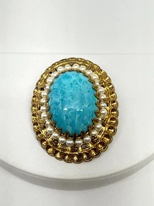 Vintage West Germany Brooch turquoise blue glass Cabochon gold tone signed - Picture 1 of 6