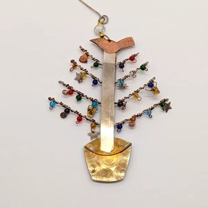 Ornamento albero metallo misto fatto a mano arte popolare rame ottone filo perline Natale - Foto 1 di 5