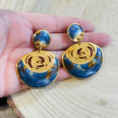 Pendientes colgantes de colección Edgar Berebi esmalte grueso perforado diseñador oro azul años 90 Foto 1 de 4
