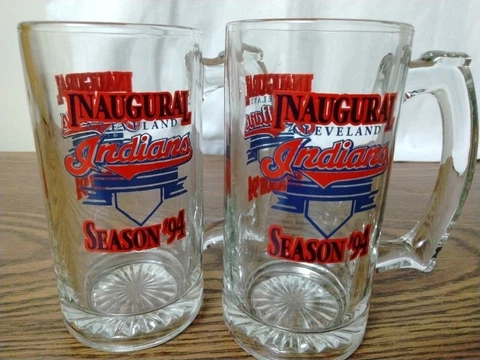 2 pc Vintage Inaugural Cleveland Indians Season 1994 Glass Beer Stein 5.5 " Tall Cover