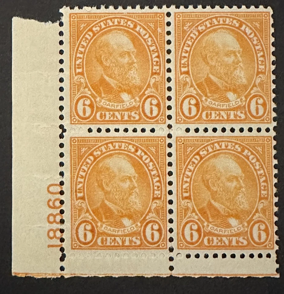 US 6 Cents #638 plate block Of 4 Garfield 1927 MNH OG - Image 1 of 1