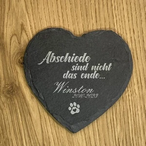 Herz Tiergrabstein Gedenktafel Lasergravur Schiefer Stein Gedenkplatte KatzeHund - Bild 1 von 17