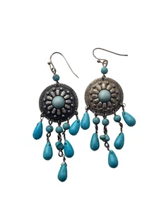 Avon Antique Silver Tone Conch Earrings w/ Dangling Turquoise Beads - Picture 1 of 5