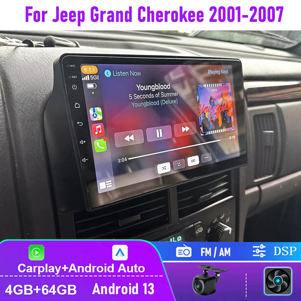 Radio de coche 4+64 GB para Jeep Grand Cherokee 2001-2007 Apple Carplay Android FM GPS Foto 1 de 4