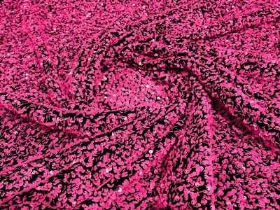 Hot Pink 5mm sequins on a Black Stretch velvet 2 way stretch,yard - Image 1 of 4