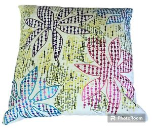 Pier 1 One Imports Floral Pillow Sequined 17" x 17" Square Purple Pink Zip Cover