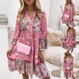 Womens Boho V-Neck Mini Tunic Dress Ladies Summer Casual Sundress Shirt Dresses - Picture 1 of 12