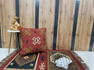 18 Inch Red Boho kilim cushion cover Vintage handmade pillowcase wool square - Picture 1 of 3