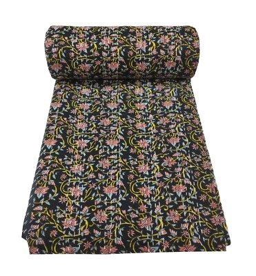 Hand Block Print Kantha Quilt Cotton Blanket Throw Indian Bedspread Black Black - Image 1 of 4