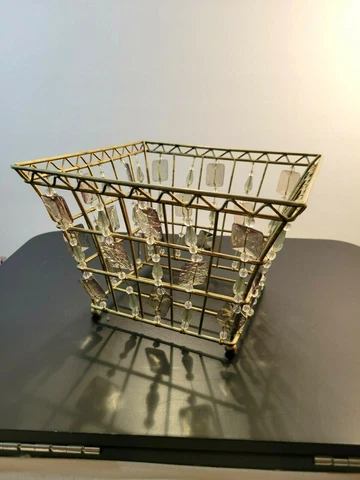 Vintage Bejeweled Metal Wire Basket Square Green Beads 8"x5" Cover