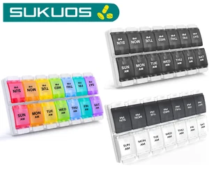 Sukuos AM PM Weekly 7 Day Pill Medicine Vitamin Push Button Cases Box Organizer - Picture 1 of 25