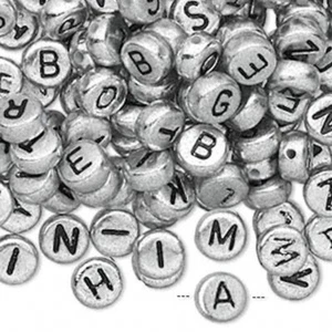 200 Silver Acrylic 2 Sided Alphabet 6.5mm Coin Beads with Letters 1mm Hole - Picture 1 of 1