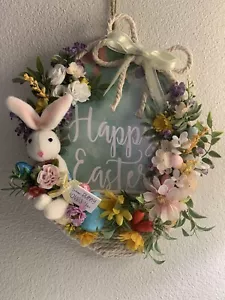 MDF Wood Floral Happy Easter Bunny Door Wall Wreath Sign Cord Wrapped Carrots - Picture 1 of 10