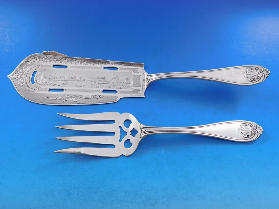 Лист, он же раковина Альберта Коулза, набор серебряных сервировок для рыбы, травленая лодка, мужские, озеро - Изображение 1 из 4