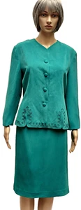 90s ADRIANNA PAPELL 100% GREEN SILK 2-PIECE SUIT JACKET W/EMBROIDERED SLITS 10 - Picture 1 of 9