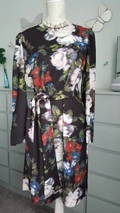 M&S Collection Floral On Trend Dress BNWT 12/40 Black Floral belt long-sleeved - Picture 1 of 5