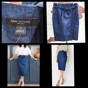 $109 women 4P ANN TAYLOR chambray linen blue pencil skirt rockabilly nautical  - Picture 1 of 17
