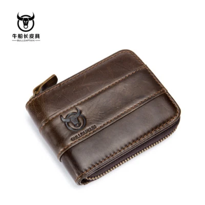RFID BULLCAPTAIN Mens Genuine Leather Zipper Around Card Slots Coin Wallet Purse - Image 1 of 4