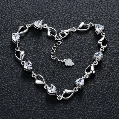 925 Sterling Silver Crystal Heart Linked Charm Bracelet Women Girls Jewellery UK - Imagem 1 de 4