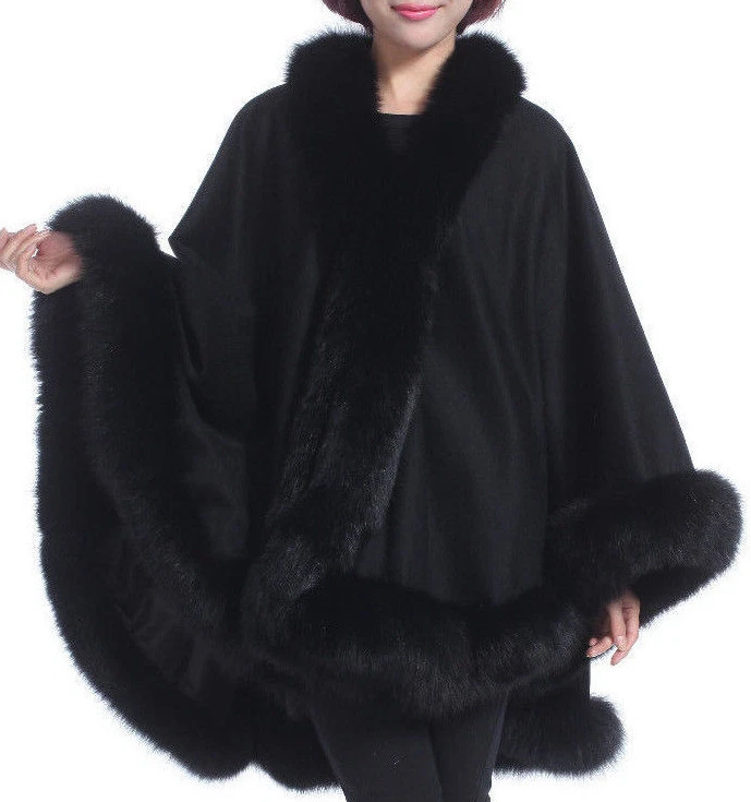 Black Cashmere cape with Fox fur Collar Trim all around one size for all new  - Image 1 of 4