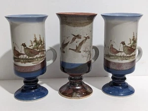 3 - Vntg Otagiri Mugs Footed Stoneware Pottery Brown Blue Pheasants Irish Coffee - Picture 1 of 5