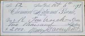 Cheque firmado por Fanny Davenport 1893 R Fenno Broker autógrafo teatro denominación grande - Imagen 1 de 2