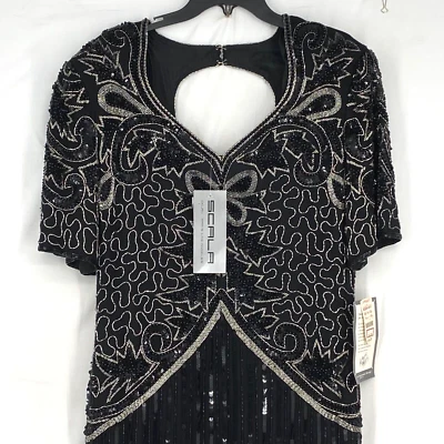 Scala Womens XL LG Evening Gown Black 100% Silk Silver Beading Vintage Short Slv - Image 1 of 4