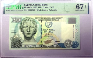 1997 PMG 67 EPQ Superb Gem Unc Cyprus 10 Pounds Banknote-Green Sea Turtle P# 62a - Picture 1 of 2